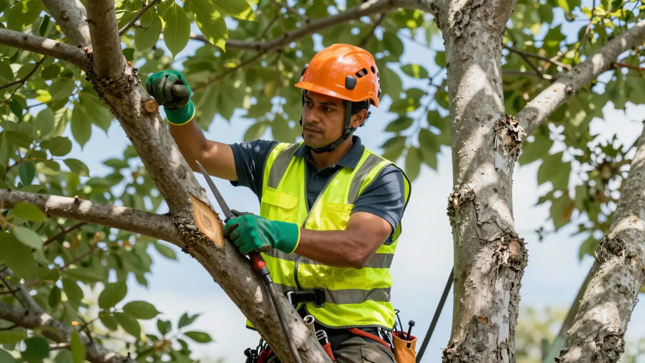 Amplify Outdoor Solutions crew member trimming branches in Greenville, SC