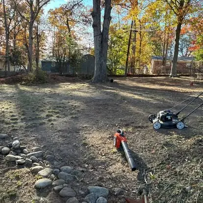 Mower and backpack blower during a fall leaf cleanup in a wooded Greenville, SC yard
