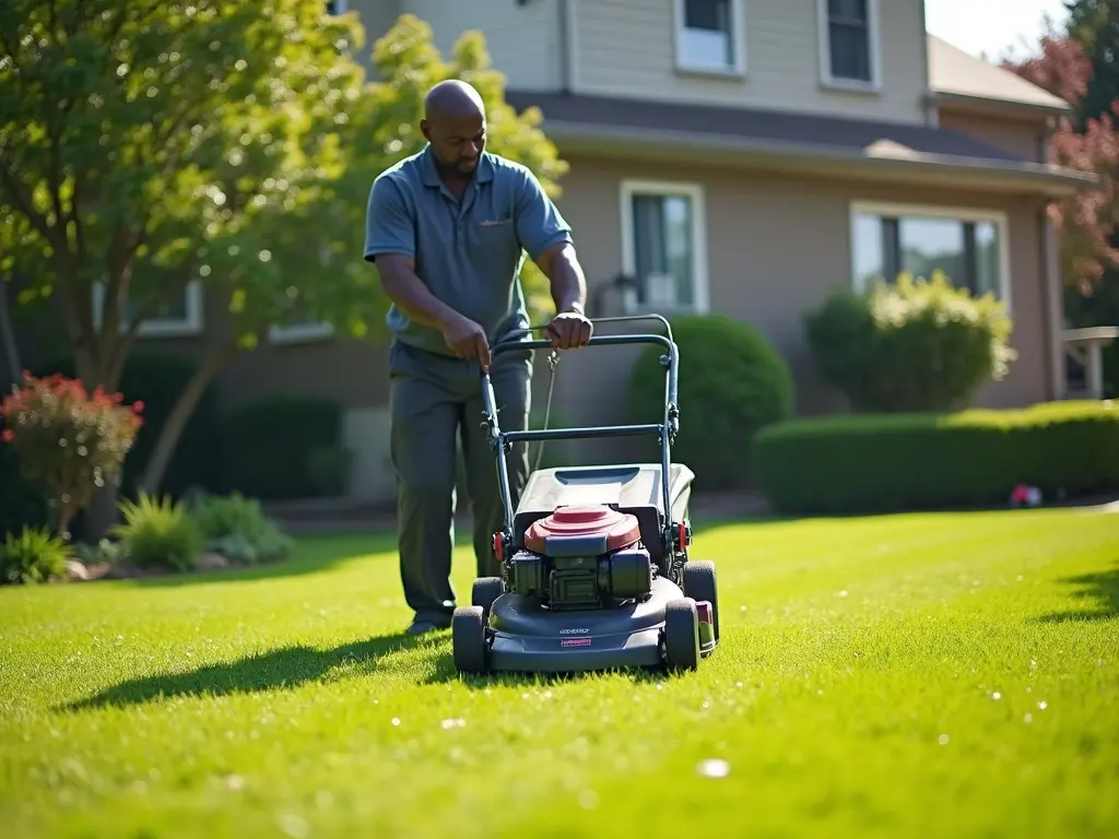 Amplify Outdoor Solutions mowing a backyard lawn in Greenville, SC